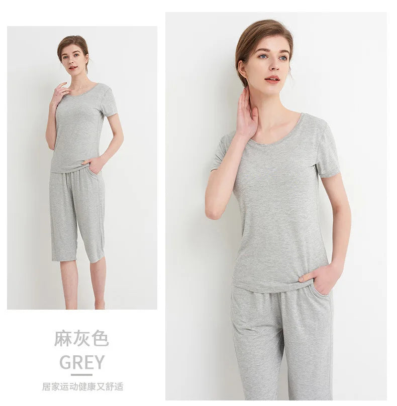 2025 summer new ladies modal pajamas two-piece suit with chest pad short-sleeved cropped trousers plus size home service set