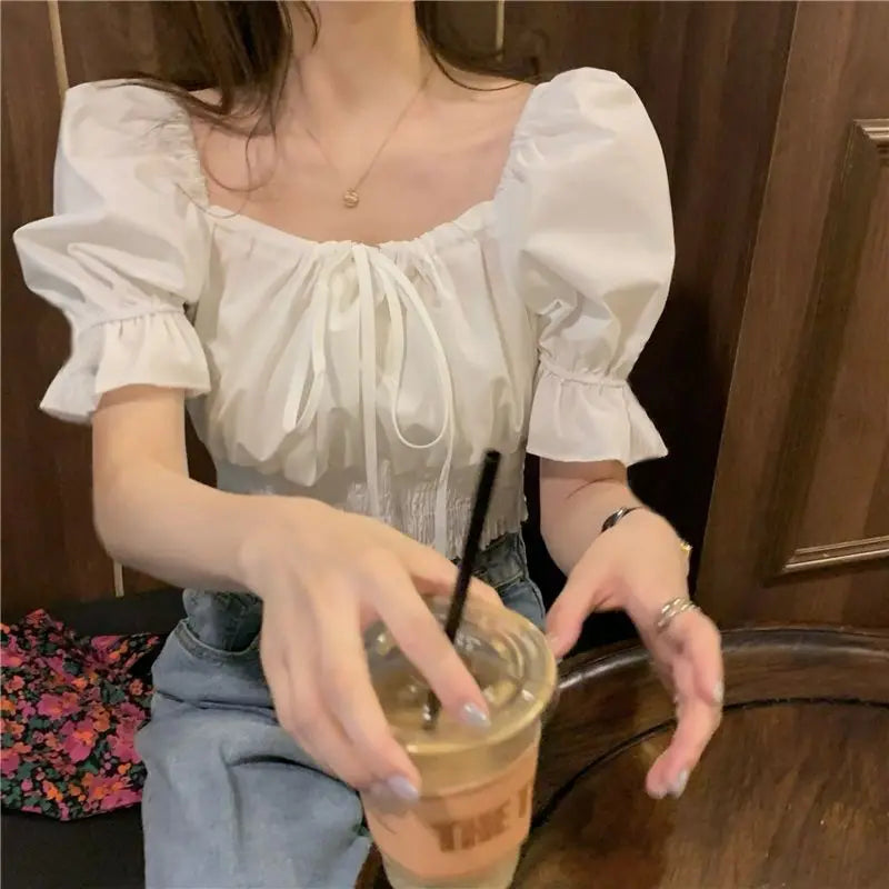 Off Shoulder Lace Up Bow Crop Top Blouse Women Summer Shirring Puff Short Sleeve Female Shirts Sweet Ruffle Tunic Korean Fashion