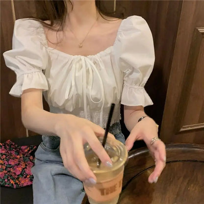 Off Shoulder Lace Up Bow Crop Top Blouse Women Summer Shirring Puff Short Sleeve Female Shirts Sweet Ruffle Tunic Korean Fashion