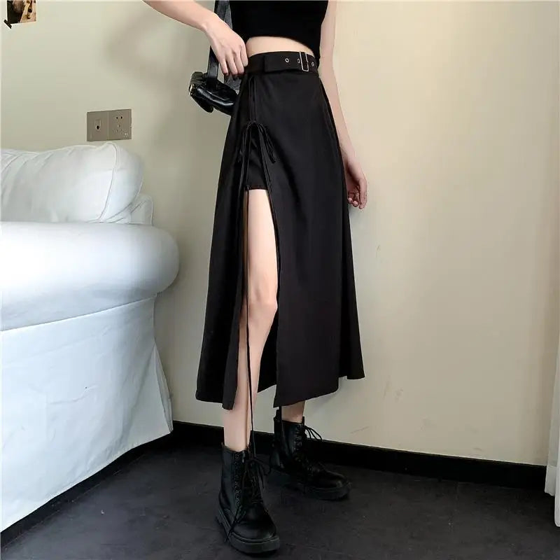 Vintage Dark Gothic High Split Mid-Calf Skirts Women Elegant Fashion Party Club High Waist Femme Bottom Streetwear Goth Skirt