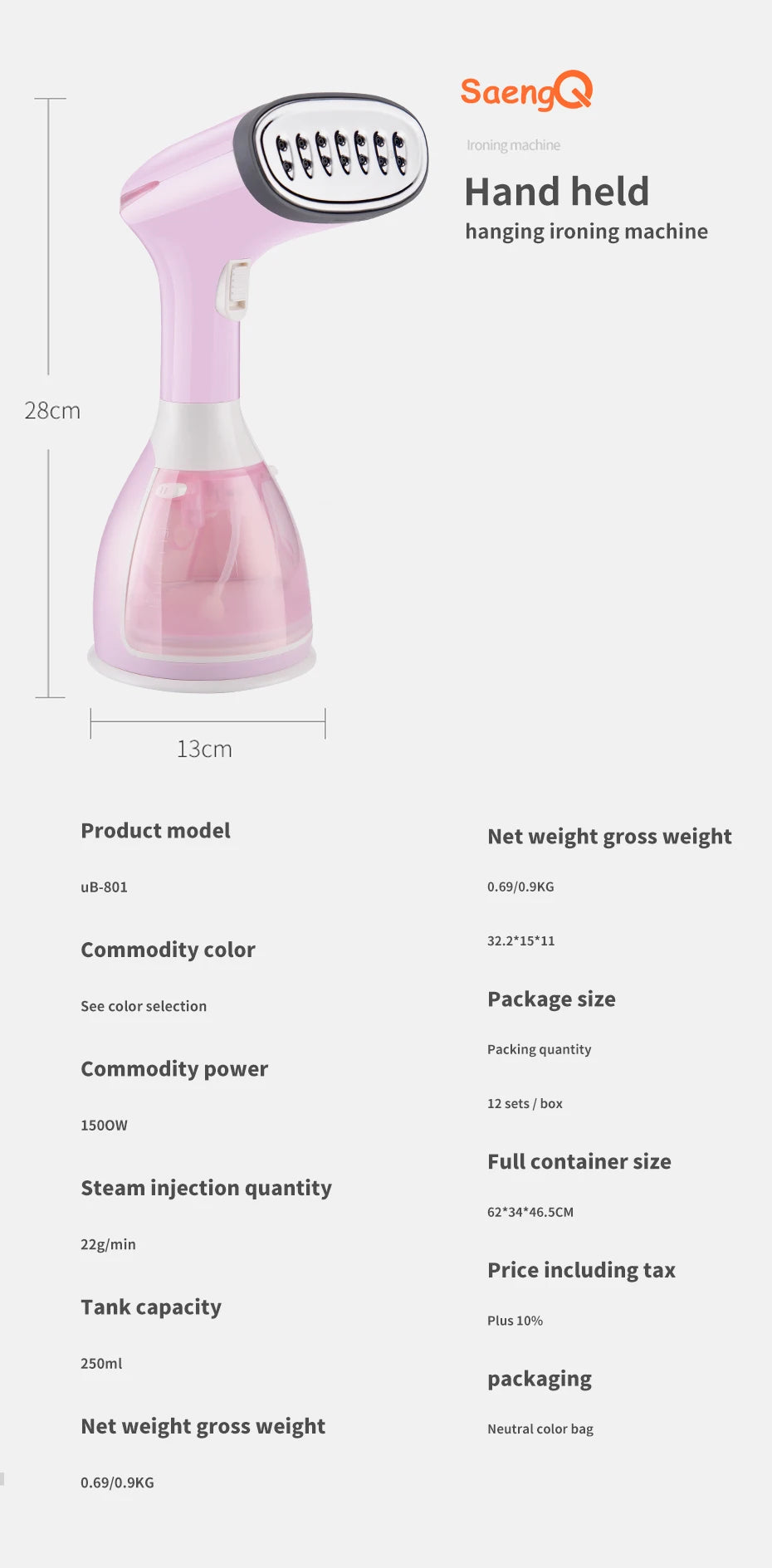 saengQ Handheld Garment Steamer 1500W Electric Household Fabric Steam Iron 280ml Portable Vertical Fast-Heat For Clothes Ironing - Badiee Stylez