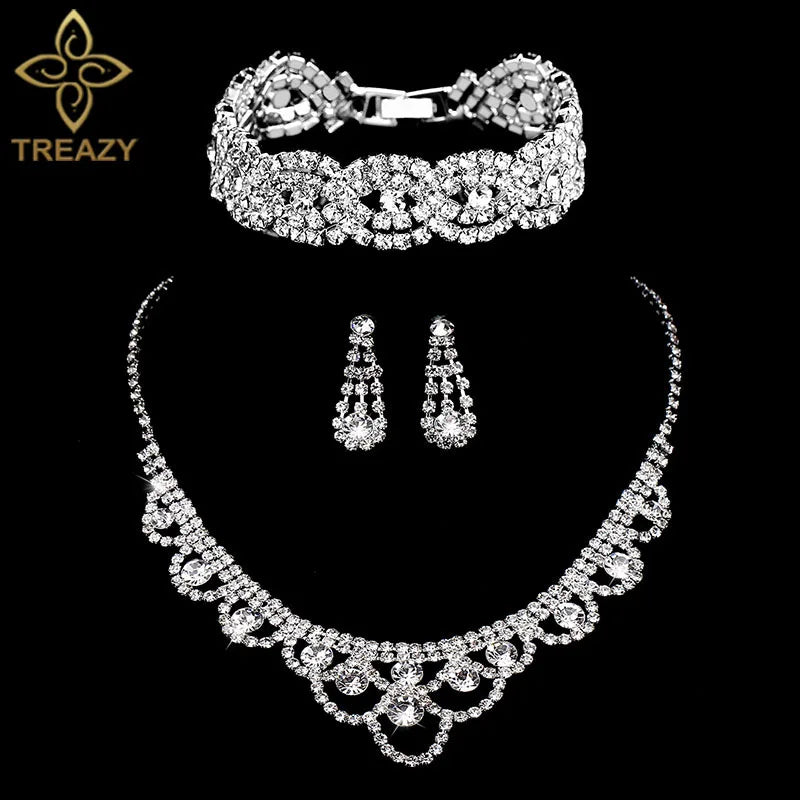 TREAZY Silver Color Rhinestone Crystal Bridal Jewelry Sets for Women Necklace Earrings Bracelet Set Wedding Jewelry Accessories style 18 Clear
