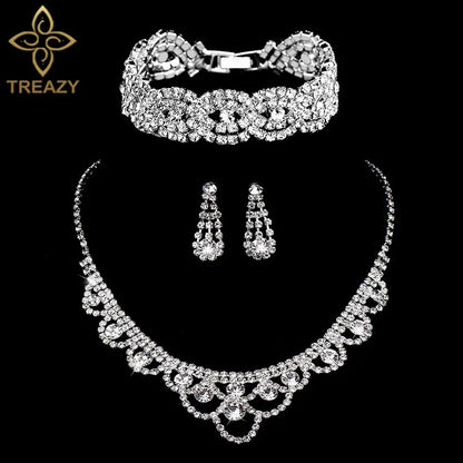 TREAZY Silver Color Rhinestone Crystal Bridal Jewelry Sets for Women Necklace Earrings Bracelet Set Wedding Jewelry Accessories style 18 Clear