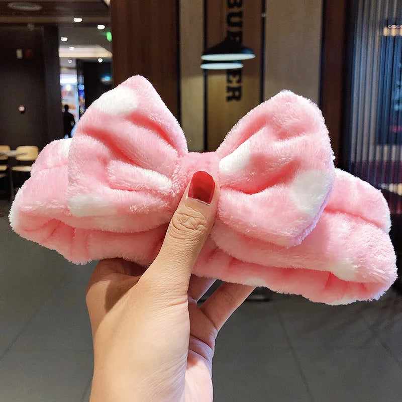 Wash Face Hair Holder Hairbands Soft Warm Coral Fleece Bow Animal Ears Headband For Women Girls Turban Fashion Hair Accessories pink dot