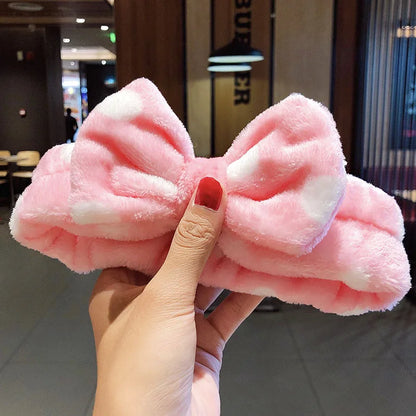 Wash Face Hair Holder Hairbands Soft Warm Coral Fleece Bow Animal Ears Headband For Women Girls Turban Fashion Hair Accessories pink dot
