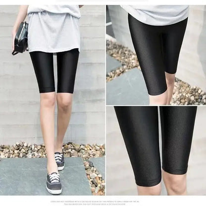 lady summer short pants women solid black shine breathable above knee short capris korean skinny neon pant