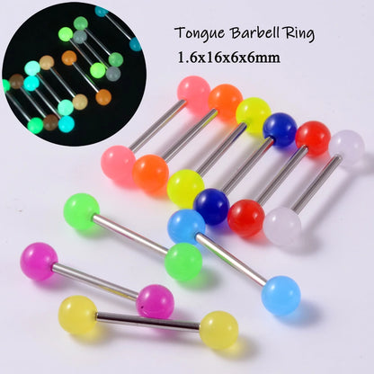 10/14pcs/Set Luminous Surgical Steel Tongue BCR Navel Belly Ring Acrylic Glow in the Dark Ball Labret Stud Body Piercing Jewelry 10PCS Tongue CHINA