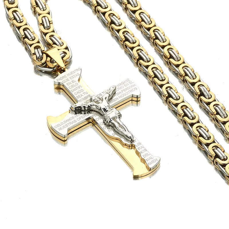 Jesus Crucifixion Cross Pendant Necklace For Men Women Gold Silver Black Color Stainless Steel Byzanine Chain Silver Gold