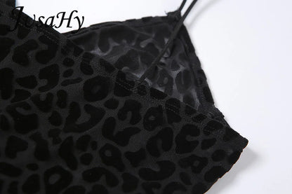 JuSaHy Leopard Print Flocking Jumpsuit for Women Fashion Sleeveless Backless Body-Shaping Casual High Streetwear Female Outfits