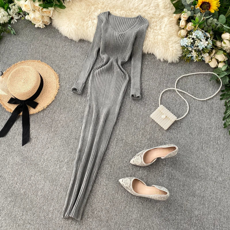 SINGRAIN Women Autumn Knitted Dress V Neck Sexy Slim Elastic Oversized Basic Bodycon Long Dress Winter knit Warm Sweater Dresses