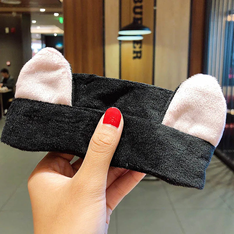 Wash Face Hair Holder Hairbands Soft Warm Coral Fleece Bow Animal Ears Headband For Women Girls Turban Fashion Hair Accessories thin black
