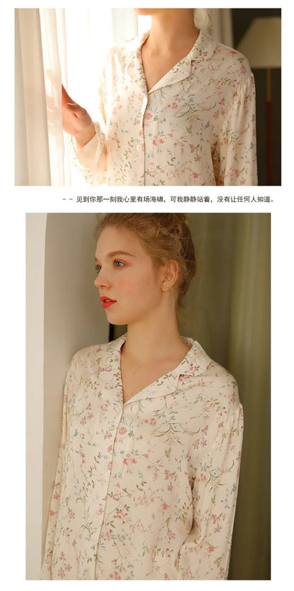 Pre-sale 2024 Spring Satin Pajamas Long Sleeve Viscose Sleepwear Willow Leaf Print Lounge Wear Two Piece Pijama Set Pijama Mujer