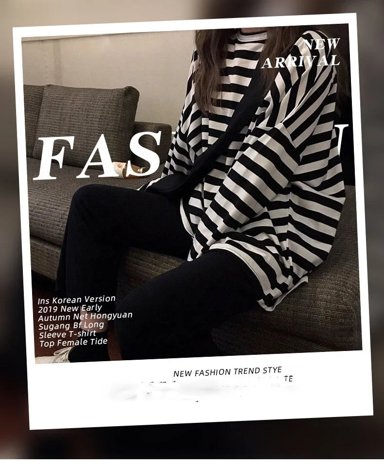 spring Autumn Women harajuku Striped Tshirt Long Sleeve O-Neck T-Shirts ulzzang Korean Casual T Shirt Femme black Tops