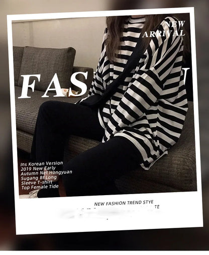 spring Autumn Women harajuku Striped Tshirt Long Sleeve O-Neck T-Shirts ulzzang Korean Casual T Shirt Femme black Tops