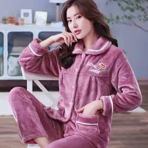 Autumn Winter Thicken Flannel Women Pajamas Set Two-piece suit Warm Loose Long-sleeve Female Casual Home service Single-breasted Bean Paste H
