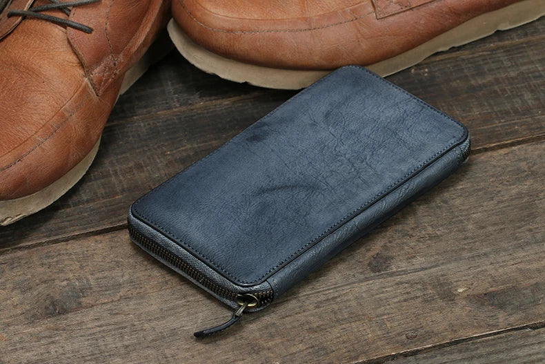 Vintage Genuine leather wallet Men leather long wallet men purse clutch bag male money clips zip around money bag card holder