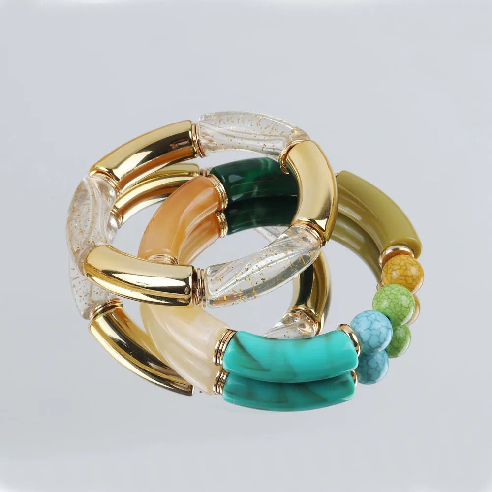 FishSheep Bohemian Transparent Acrylic Foil Bamboo Bracelets for Women Elastic Beads Link Chain Cuff Bracelets & Bangles Jewelry