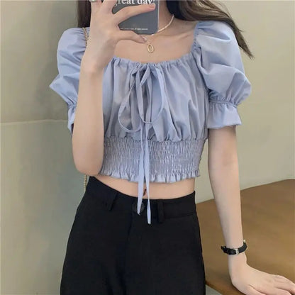 Off Shoulder Lace Up Bow Crop Top Blouse Women Summer Shirring Puff Short Sleeve Female Shirts Sweet Ruffle Tunic Korean Fashion