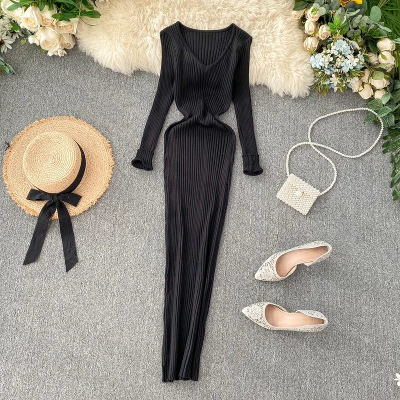 SINGRAIN Women Autumn Knitted Dress V Neck Sexy Slim Elastic Oversized Basic Bodycon Long Dress Winter knit Warm Sweater Dresses