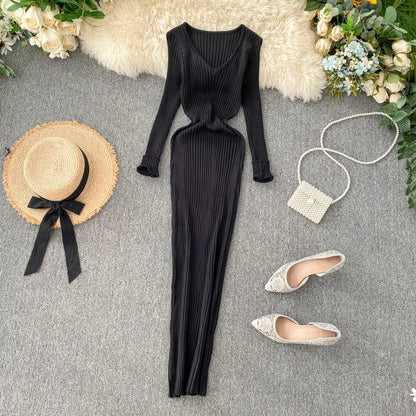 SINGRAIN Women Autumn Knitted Dress V Neck Sexy Slim Elastic Oversized Basic Bodycon Long Dress Winter knit Warm Sweater Dresses