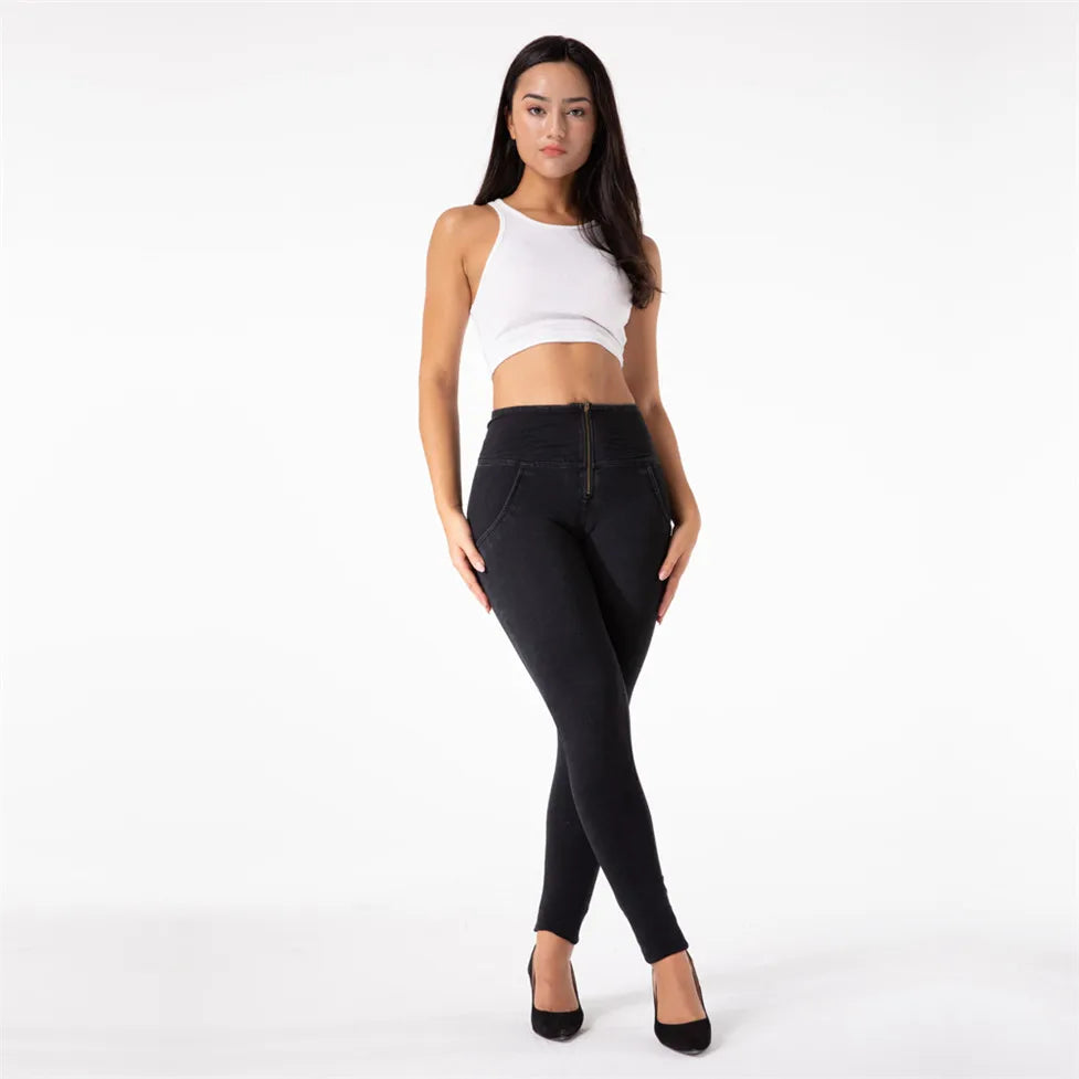 Shascullfites Melody Women High Stretch Slim Fit Black Denim Washed Jeans Bum Lift Jeggings Yellow thread Jean Ladies Skinny