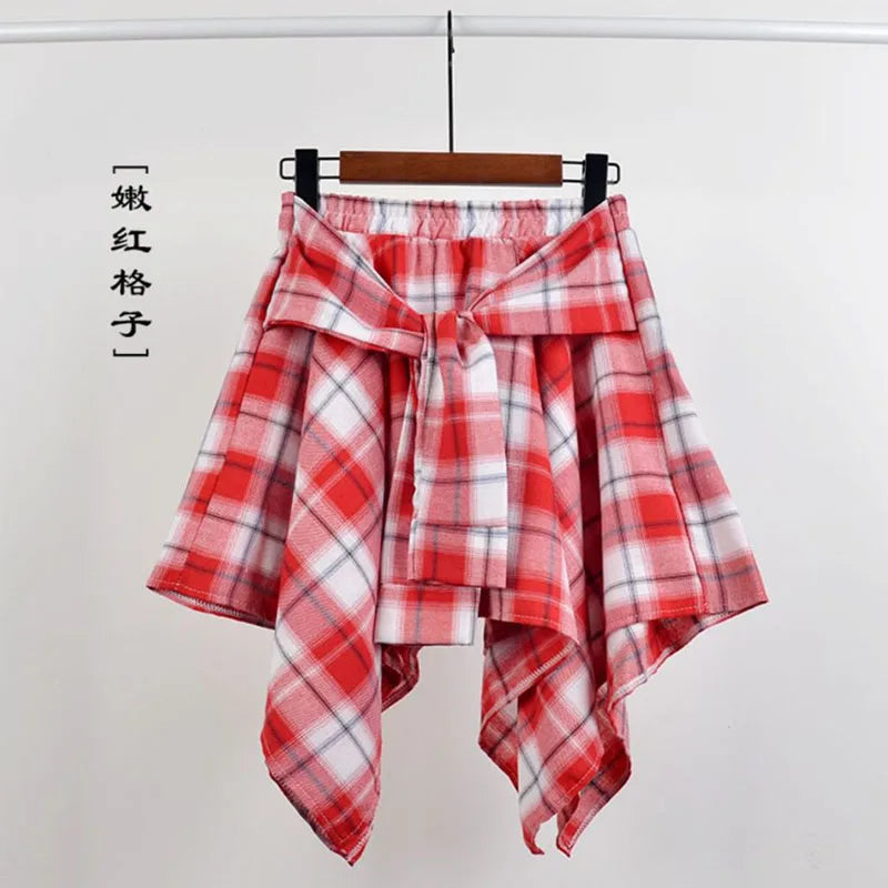TOTRUST Fashion College Asymmetrical Skirt Women Summer Plaid Skirt Women Casual Students Fake Shirt Mini Skirt Female Saia 1 One Size