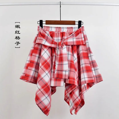 TOTRUST Fashion College Asymmetrical Skirt Women Summer Plaid Skirt Women Casual Students Fake Shirt Mini Skirt Female Saia 1 One Size