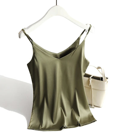 Spaghetti Strap Top Women Halter V Neck Basic White Cami Sleeveless Satin Silk Tank Tops Women'S Summer 2025 Camisole