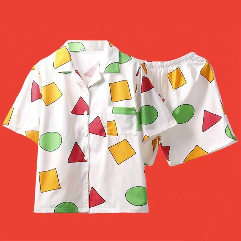 Summer Casual Couple Pajama Sets Lovely Cartoon Print Short Sleeve Sleepwear Pajamas Suit Daily Fashion Loose Homewear Nightgown White1