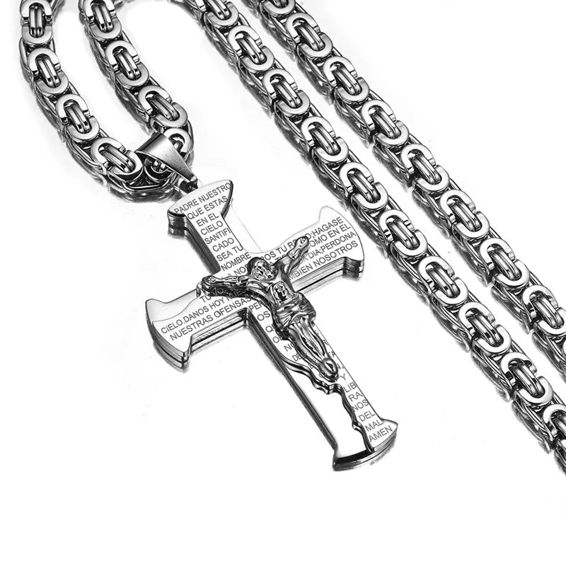 Jesus Crucifixion Cross Pendant Necklace For Men Women Gold Silver Black Color Stainless Steel Byzanine Chain Silver