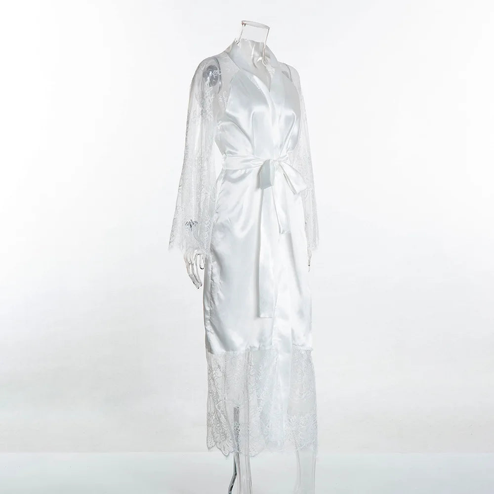 HNMCHIEF Women Pajamas Coat Robe Silky Women Floral Bathrobe Kimono Lace Sleep Robe Long Wedding Bridesmaid Silk Bride Summer