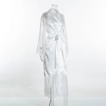 HNMCHIEF Women Pajamas Coat Robe Silky Women Floral Bathrobe Kimono Lace Sleep Robe Long Wedding Bridesmaid Silk Bride Summer