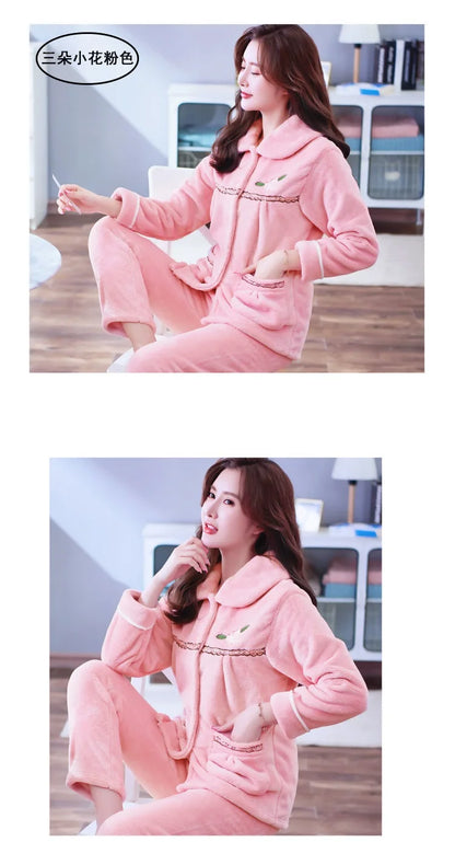 Autumn Winter Thicken Flannel Women Pajamas Set Two-piece suit Warm Loose Long-sleeve Female Casual Home service Single-breasted