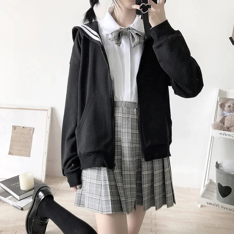 Deeptown Kawaii Zip Up Hoodies Black Japanese Preppy Style Sailor Collar Sweatshirts Sweet Lolita Coats Loose Cute Top Soft Girl