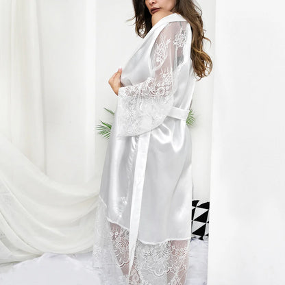 HNMCHIEF Women Pajamas Coat Robe Silky Women Floral Bathrobe Kimono Lace Sleep Robe Long Wedding Bridesmaid Silk Bride Summer