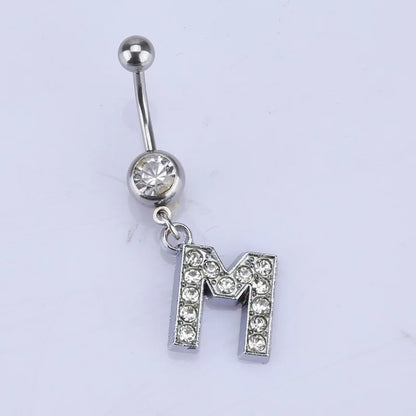1Pc Letter Belly Button Ring Rhinestone Alphabet Pendant Navel Body Piercing Jewelry Silver Colour Nombril Piercing Gift Women M