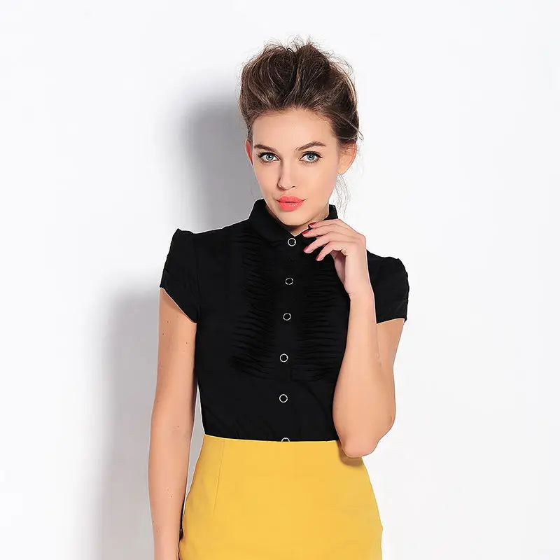 Elegant Bodysuit Women Short Sleeve White Color Shirring Design Blouses And Tops Office Lady Work Wear Formal Body Shirt Female