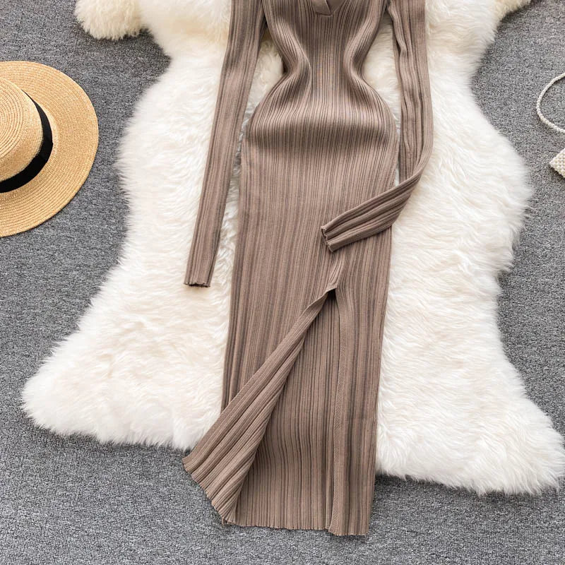 SINGREINY Women Korean Knitted Dress Long Sleeve V Neck Elastic Slim Pencil Dresses 2021 Autumn Sexy Bodycon Split Sweater Dress