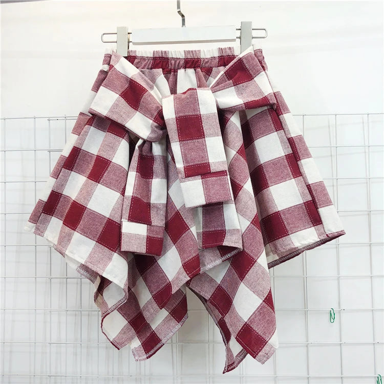 TOTRUST Fashion College Asymmetrical Skirt Women Summer Plaid Skirt Women Casual Students Fake Shirt Mini Skirt Female Saia