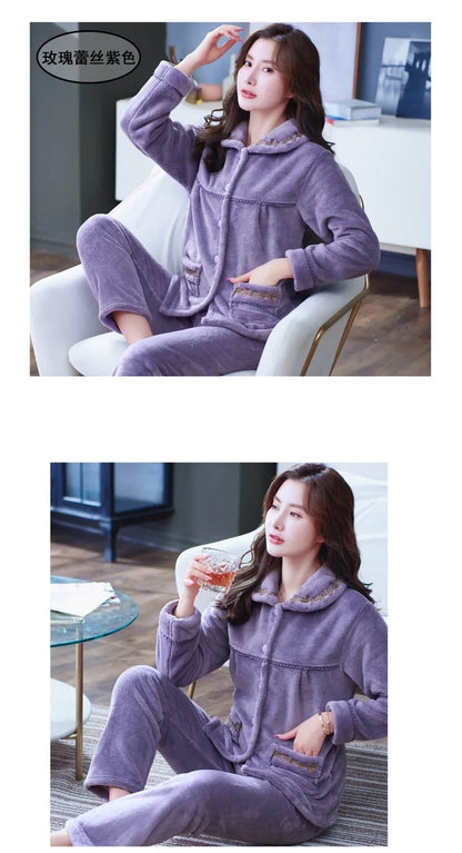 Autumn Winter Thicken Flannel Women Pajamas Set Two-piece suit Warm Loose Long-sleeve Female Casual Home service Single-breasted