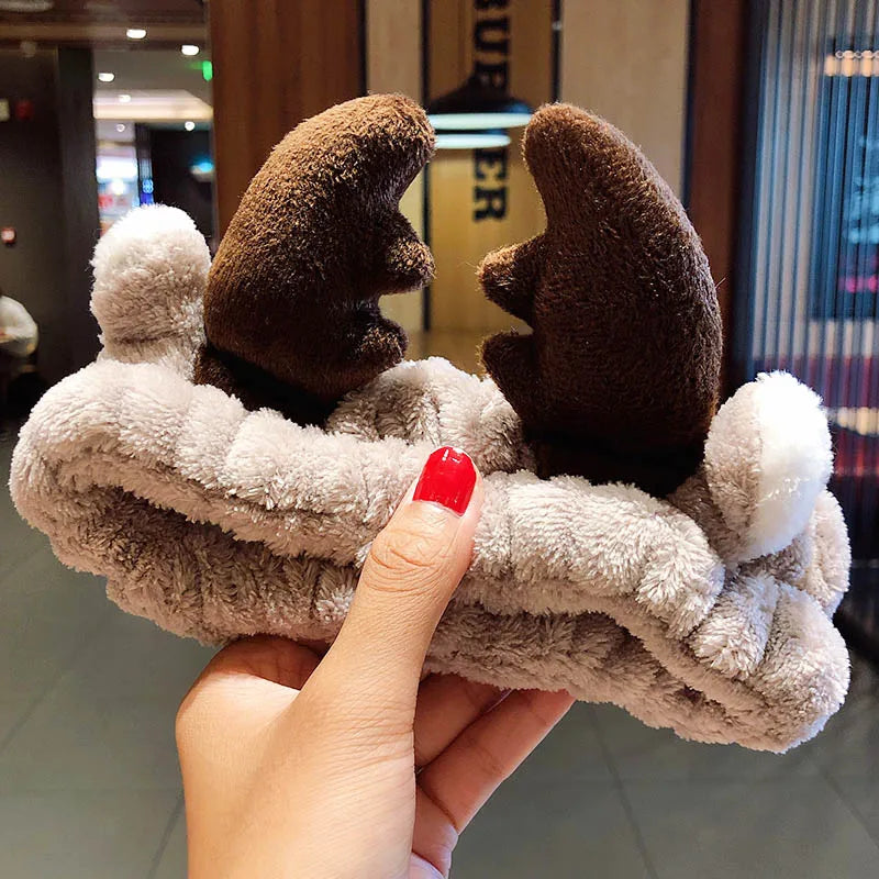 Wash Face Hair Holder Hairbands Soft Warm Coral Fleece Bow Animal Ears Headband For Women Girls Turban Fashion Hair Accessories brown antlers