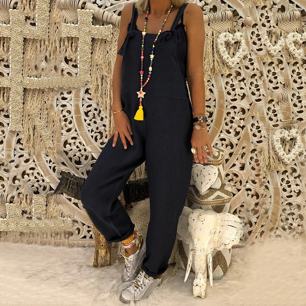 Women Casual Solid Color Sleeveless Adjustable Straps Loose Jumpsuit Bib Overall suitable for school work date Badiee Stylez