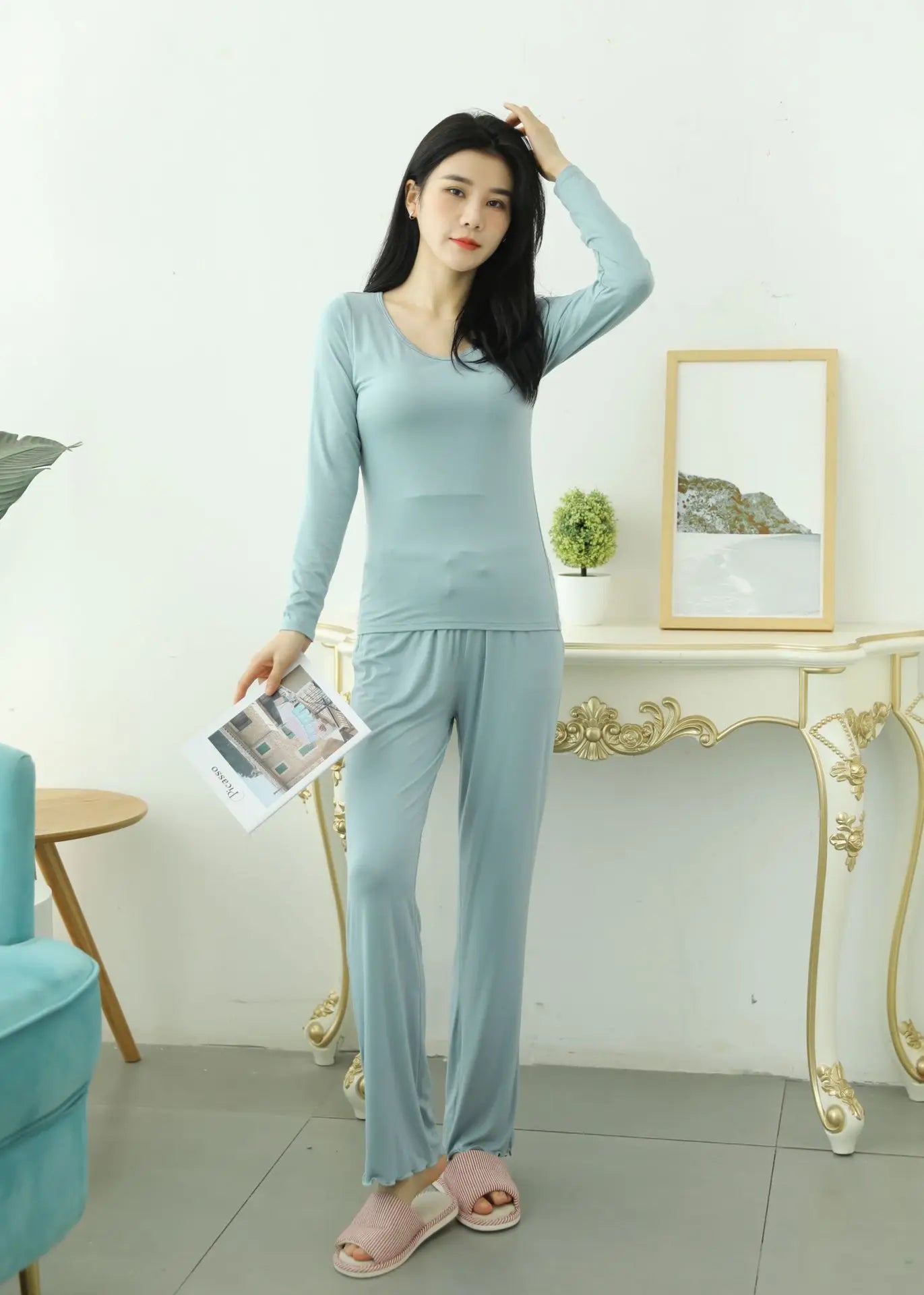 Pijama Feminino New Long Sleeve Trousers Set Modal Cotton Sleepwear Women Casual Bra Padded Winter Underwear Suit Female