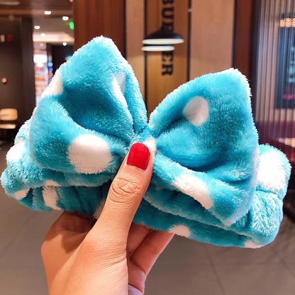 Wash Face Hair Holder Hairbands Soft Warm Coral Fleece Bow Animal Ears Headband For Women Girls Turban Fashion Hair Accessories lake blue dot