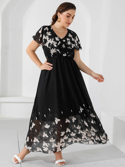 Plus Size Casual Women's Dresses 2024 Summer Ruffles V Neck Short Sleeve Floral Maxi Long Dress Black Chiffon Boho Beach Dresses