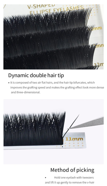 GLAMLASH V-Shape Ellipse Flat Split Tips YY Eyelash Extension Premade Volume Double Tips Easy-fans 2D Eyelash Super Soft Natural