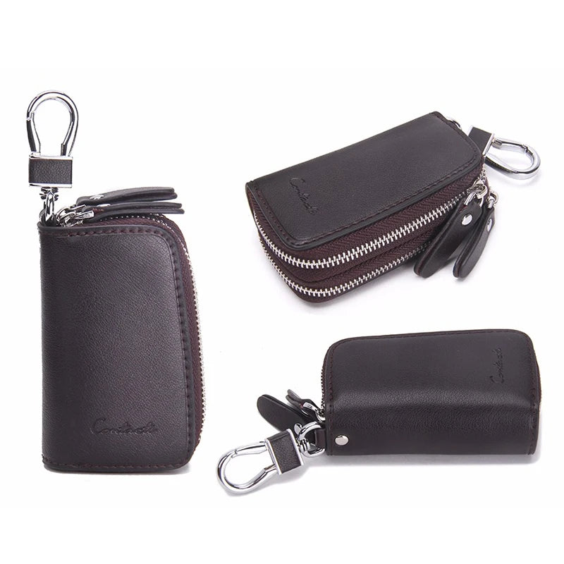 CONTACT'S Classic New Double Zip Men's Genuine Cow Leather Car Key Holder Multifunction Housekeeper High Class Motor Key Case