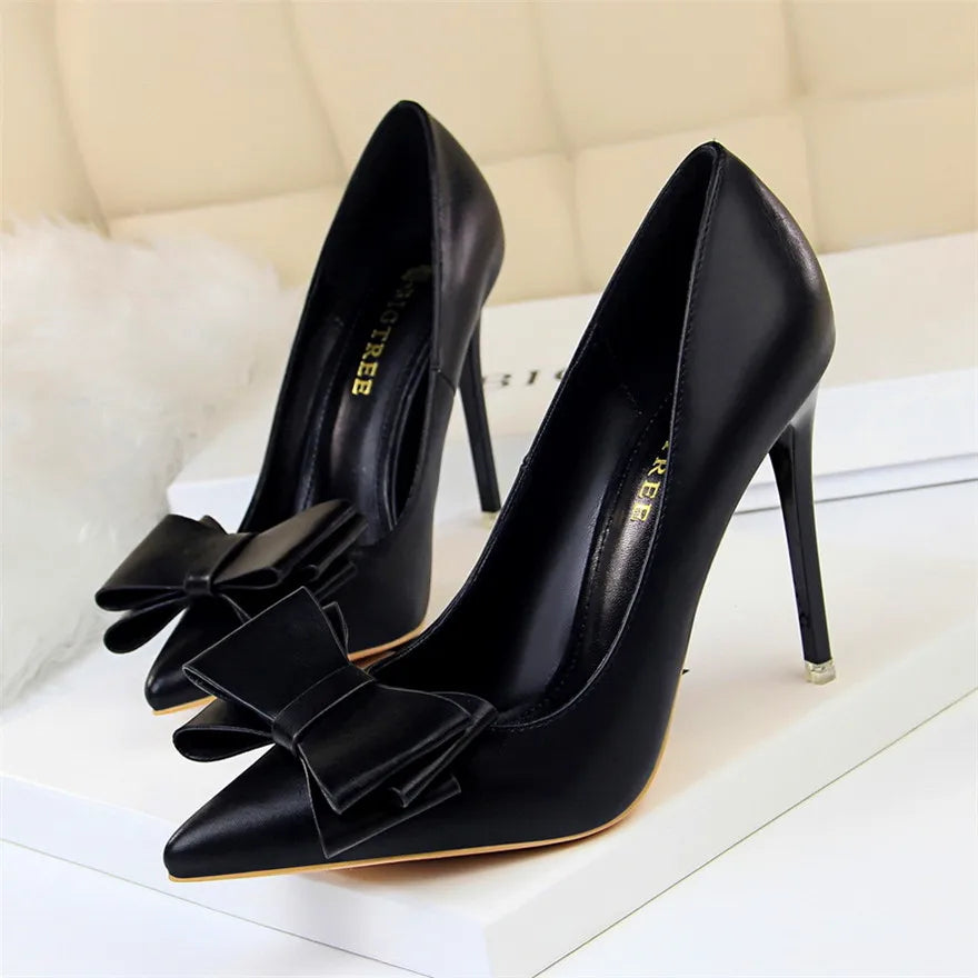 BIGTREE Red Blue Black Shoes Bowknot Sweet Woman Pumps Soft Leather Pointy Toe Women High Heels Stiletto Dress Office Lady Shoes black