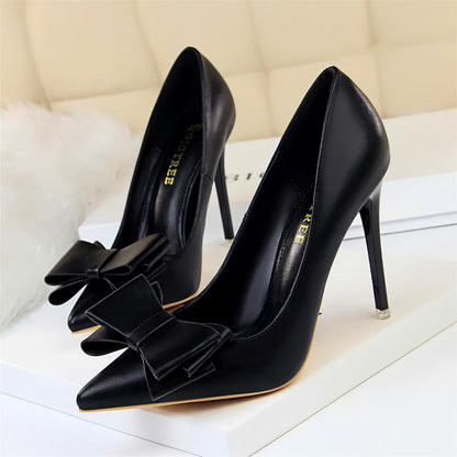 BIGTREE Red Blue Black Shoes Bowknot Sweet Woman Pumps Soft Leather Pointy Toe Women High Heels Stiletto Dress Office Lady Shoes black