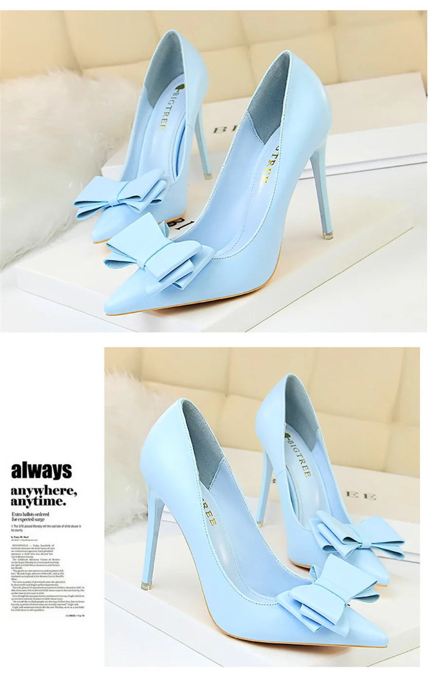 BIGTREE Red Blue Black Shoes Bowknot Sweet Woman Pumps Soft Leather Pointy Toe Women High Heels Stiletto Dress Office Lady Shoes